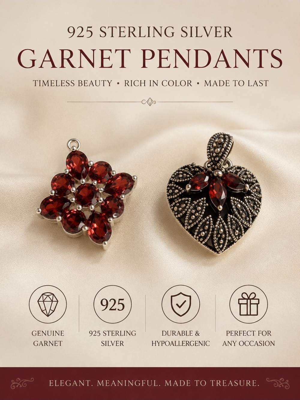 TWO Sterling Silver Garnet Pendants - Deep Red